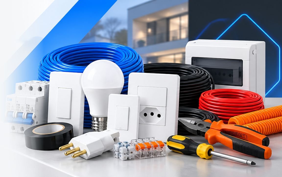 Fios e cabos, disjuntores, tomadas, interruptores, lâmpada, quadro de distribuição e ferramentas